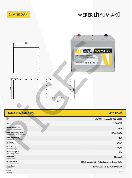 WERER ENERGY 24V | 100 AH LiFePO4 Lityum Demir Fosfat Batarya/Akü – Bluetooth