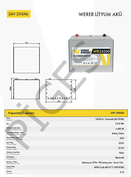 WERER ENERGY 24V | 200 AH LiFePO4 Lityum Demir Fosfat Batarya/Akü – Bluetooth