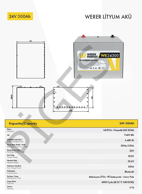 WERER ENERGY 24V | 300 AH LiFePO4 Lityum Demir Fosfat Batarya/Akü – Bluetooth